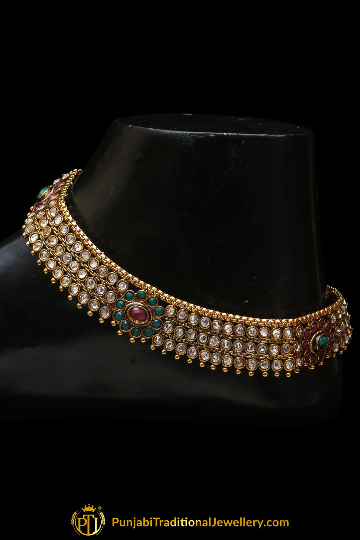 Red &  Green Antique Gold, Polki Payal By Punjabi Traditional Jewellery