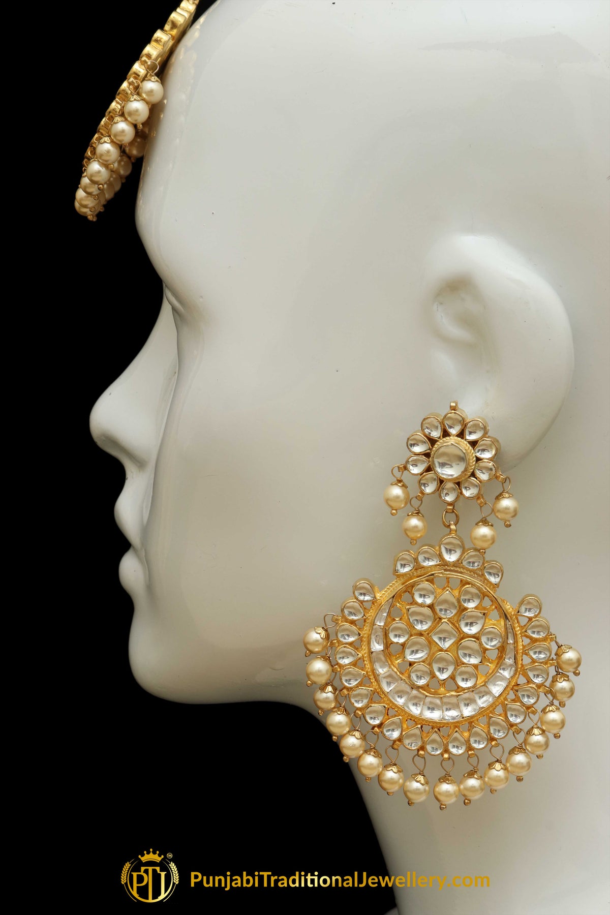 Golden Kundan Pearl Earring Tikka Set | Punjabi Traditional Jewellery Exclusive