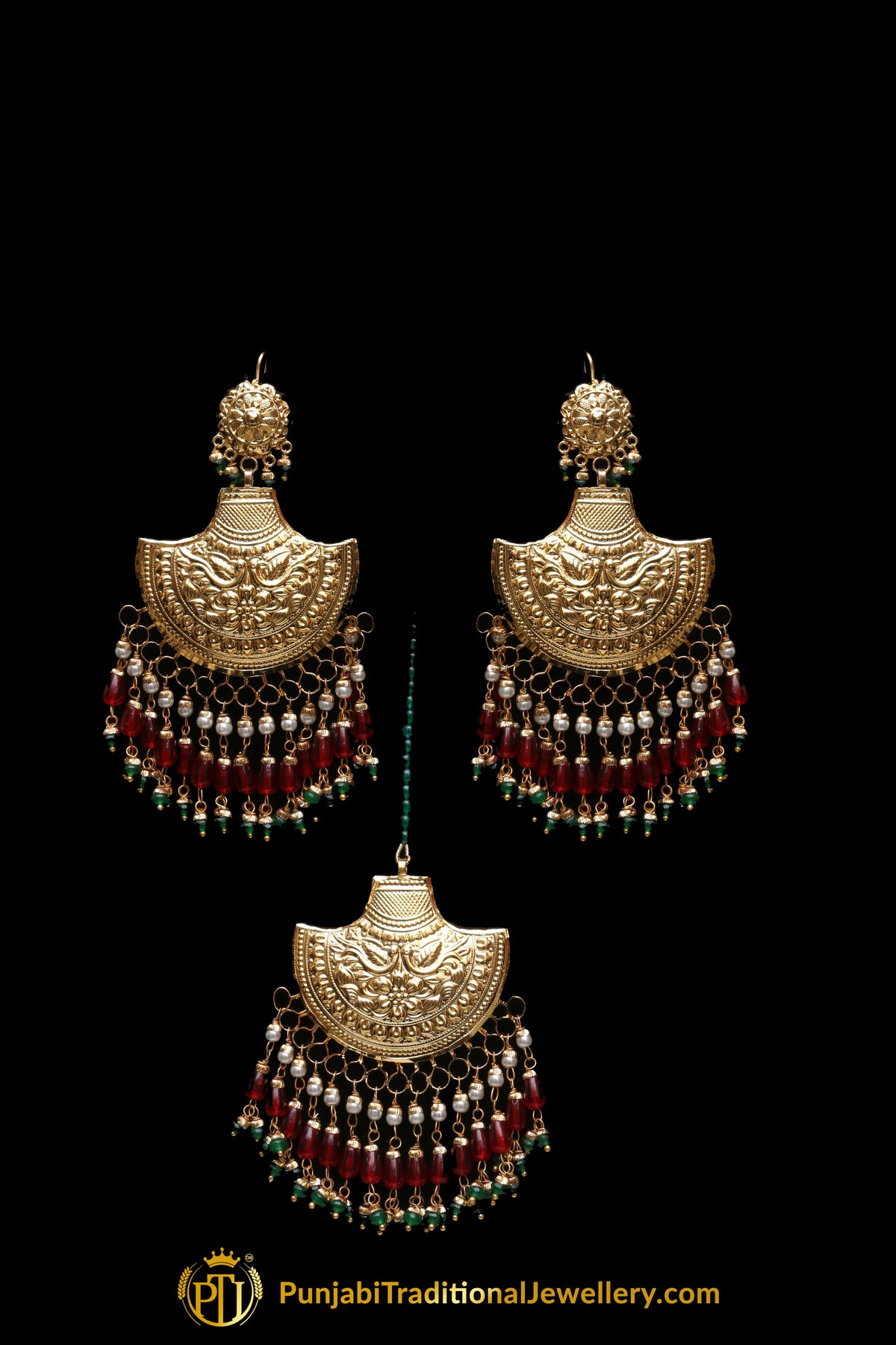 Red Green Pearl Earring Tikka Set By Punjabi Traditional Jewellery
