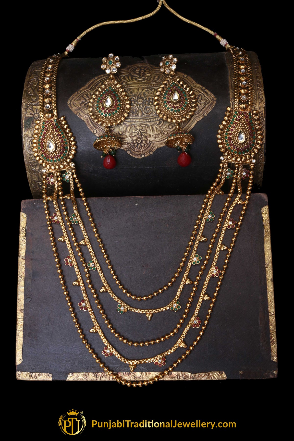 Green & Red Polki Necklace Set By Punjabi Traditional Jewellery