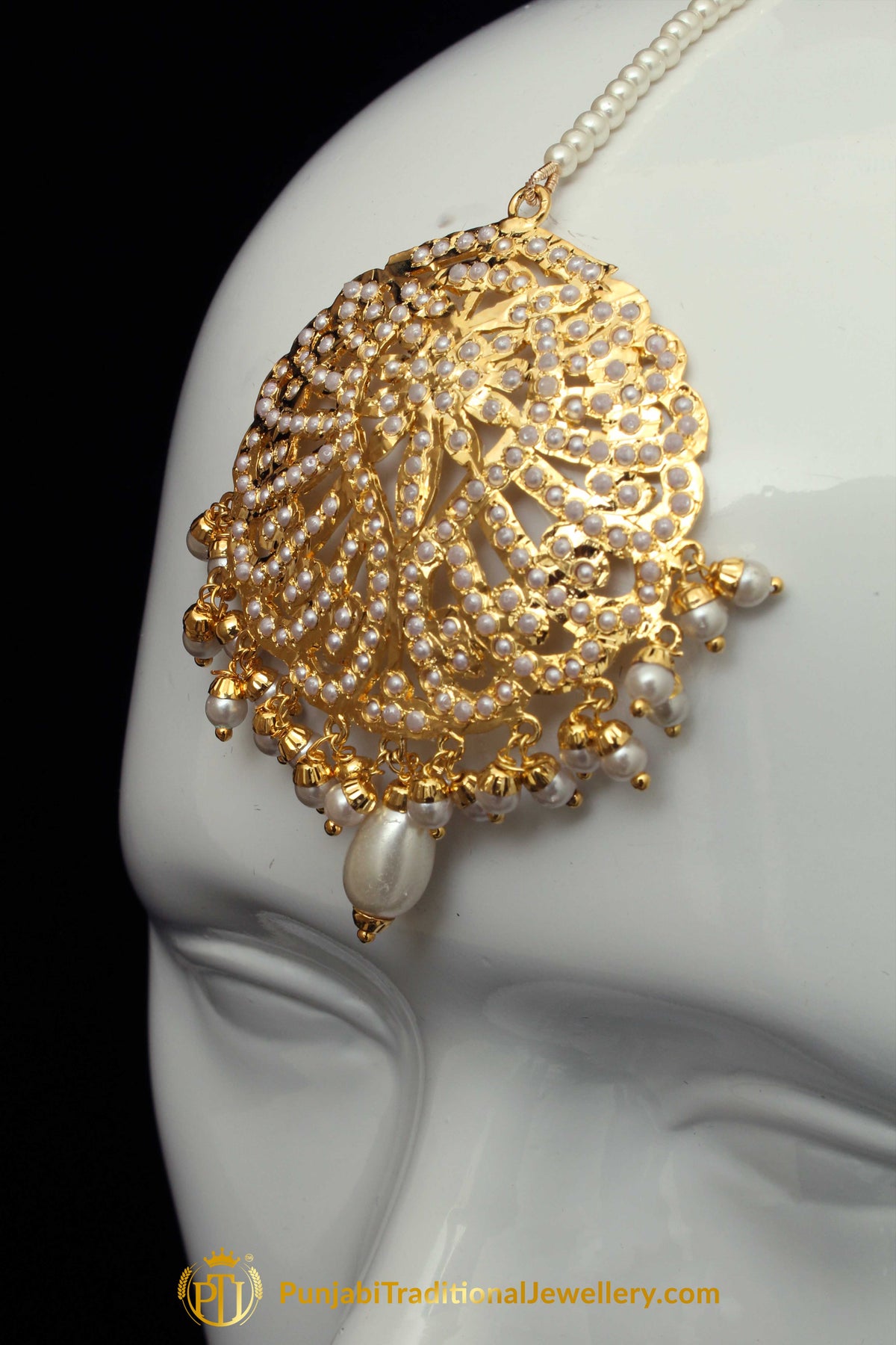 Golden Jadau Pearl Earring Tikka Set By Punjabi Traditional Jewellery