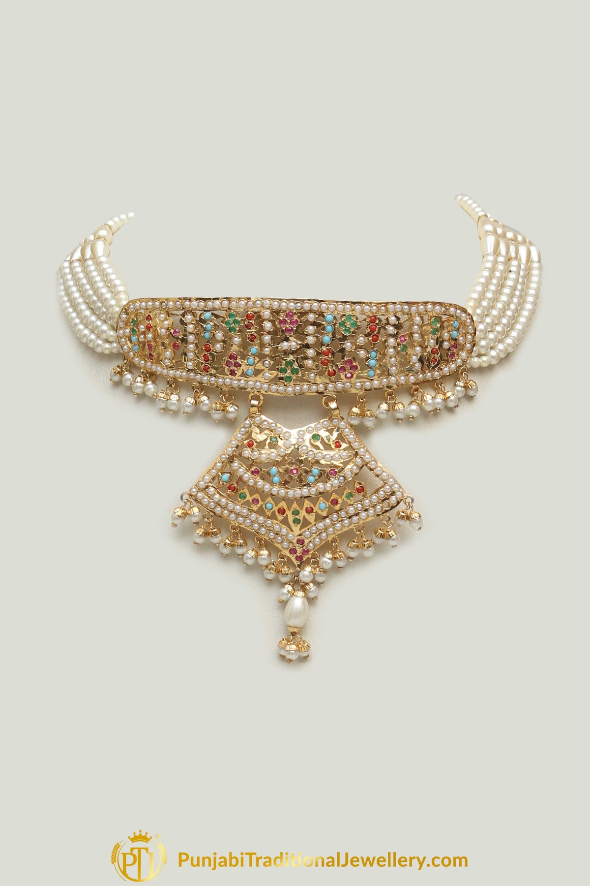 Jadau Multi Pearl Choker Necklace Set By Punjabi Traditional Jewellery