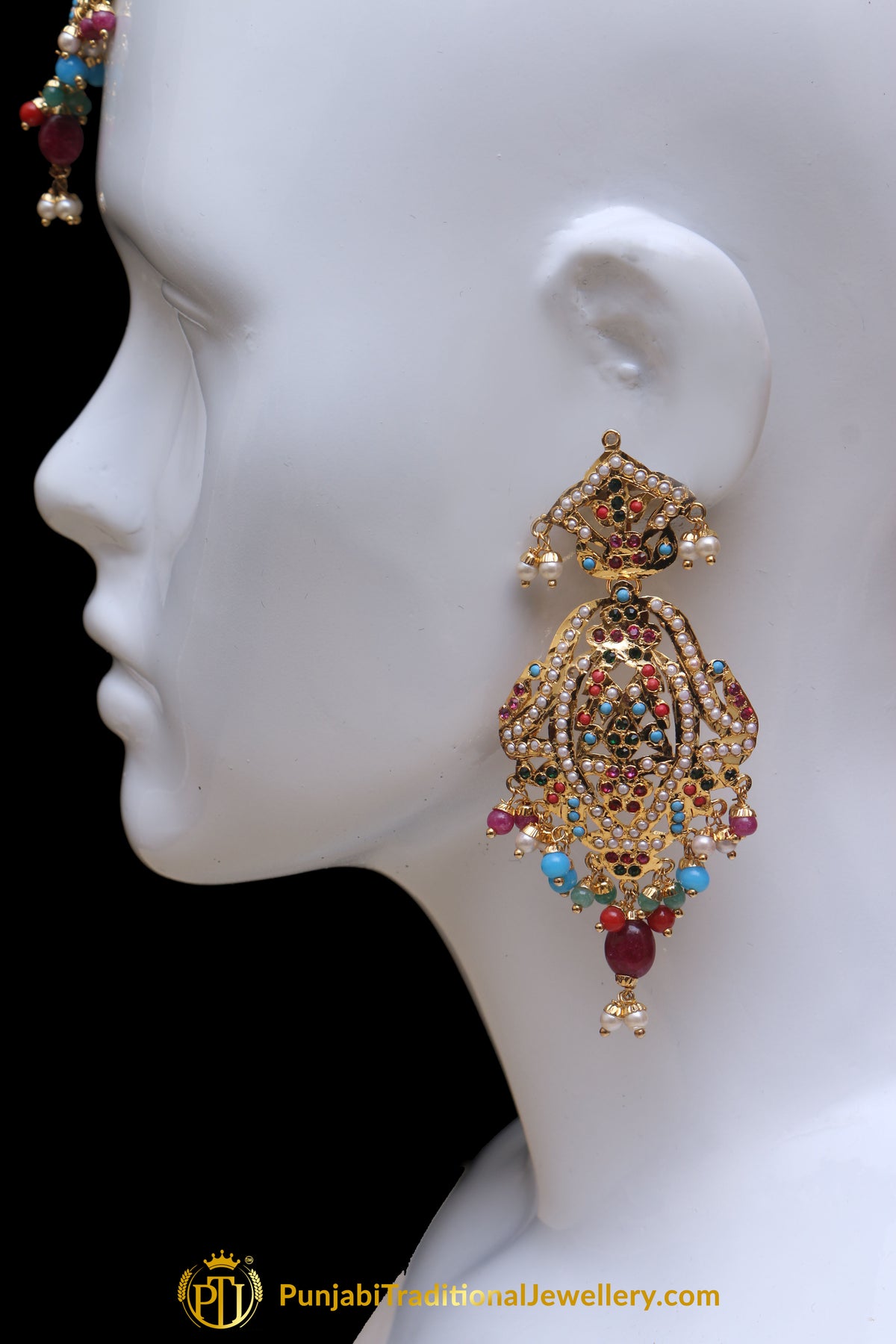 Multi Jadau Pearl Earring Tikka Set By Punjabi Traditional Jewellery