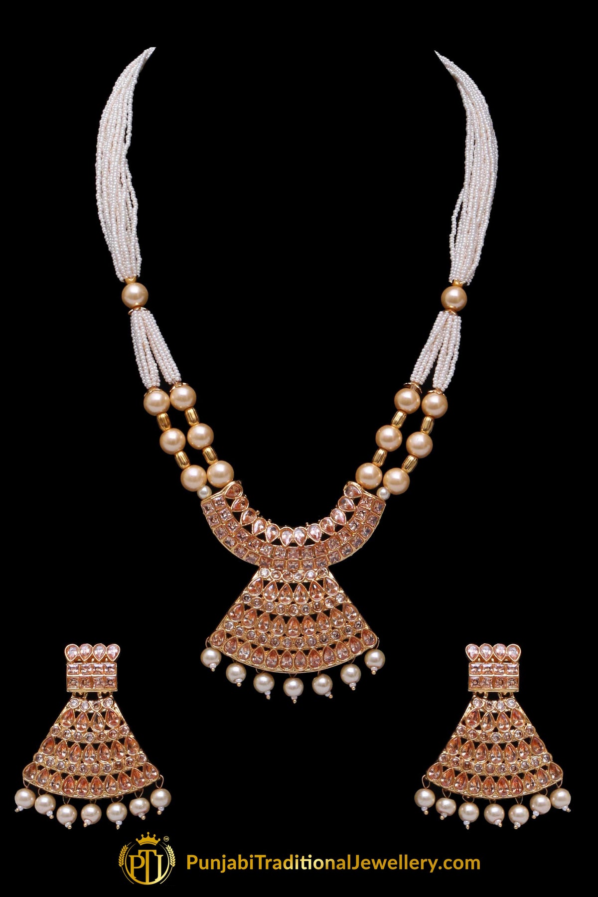 Pearl Champagne Stone Necklace Set By Punjabi Taditional Jewellery