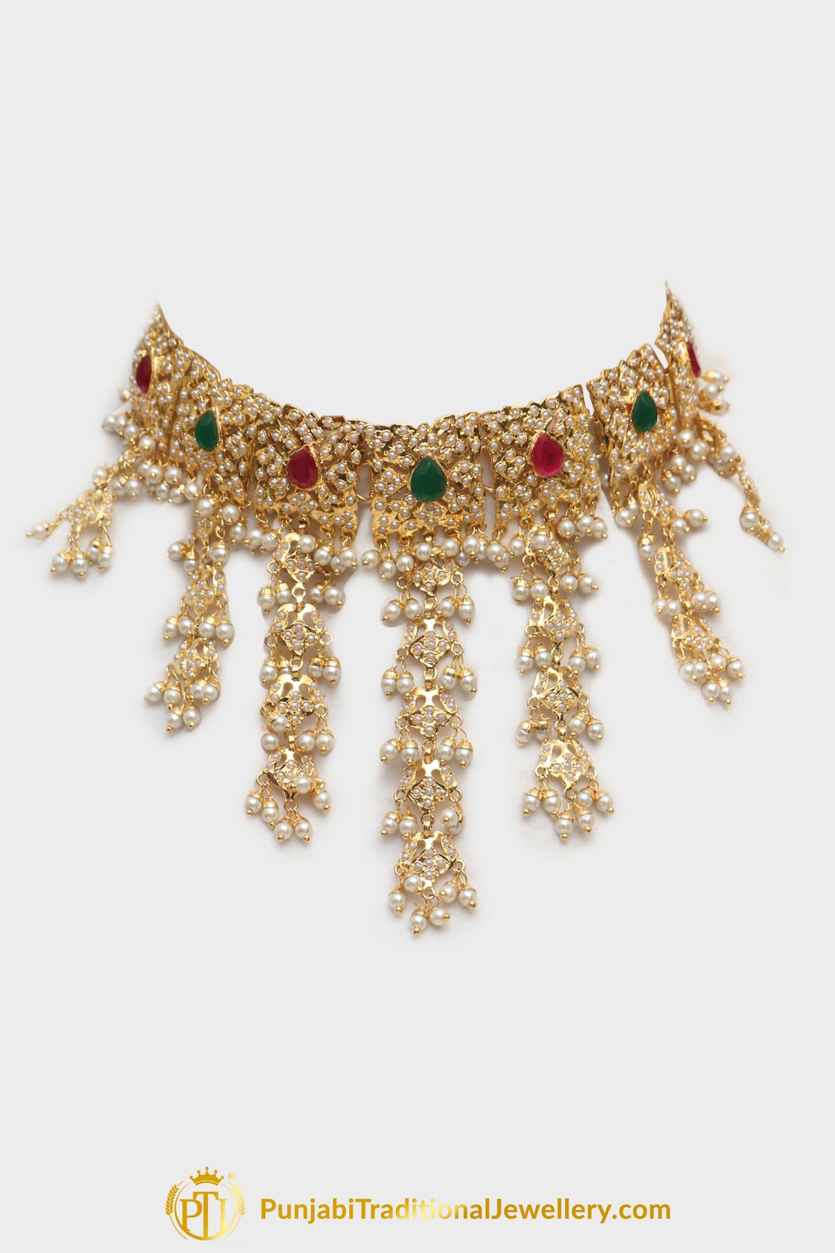 Ruby Emerald Jadau Necklace Set By Punjabi Taditional Jewellery