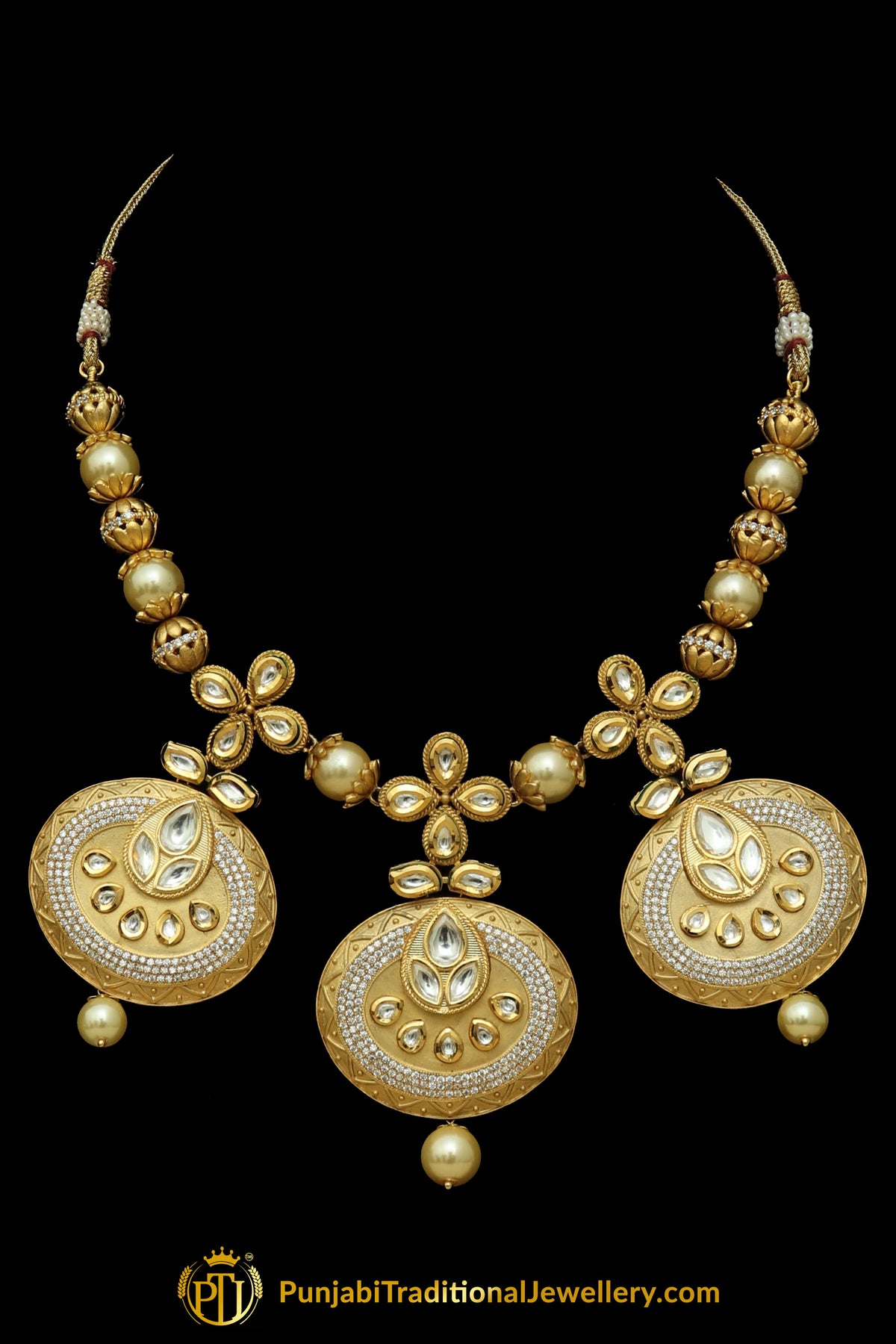 Matt Gold Kundan Pearl Necklace Set By Punjabi Taditional Jewellery