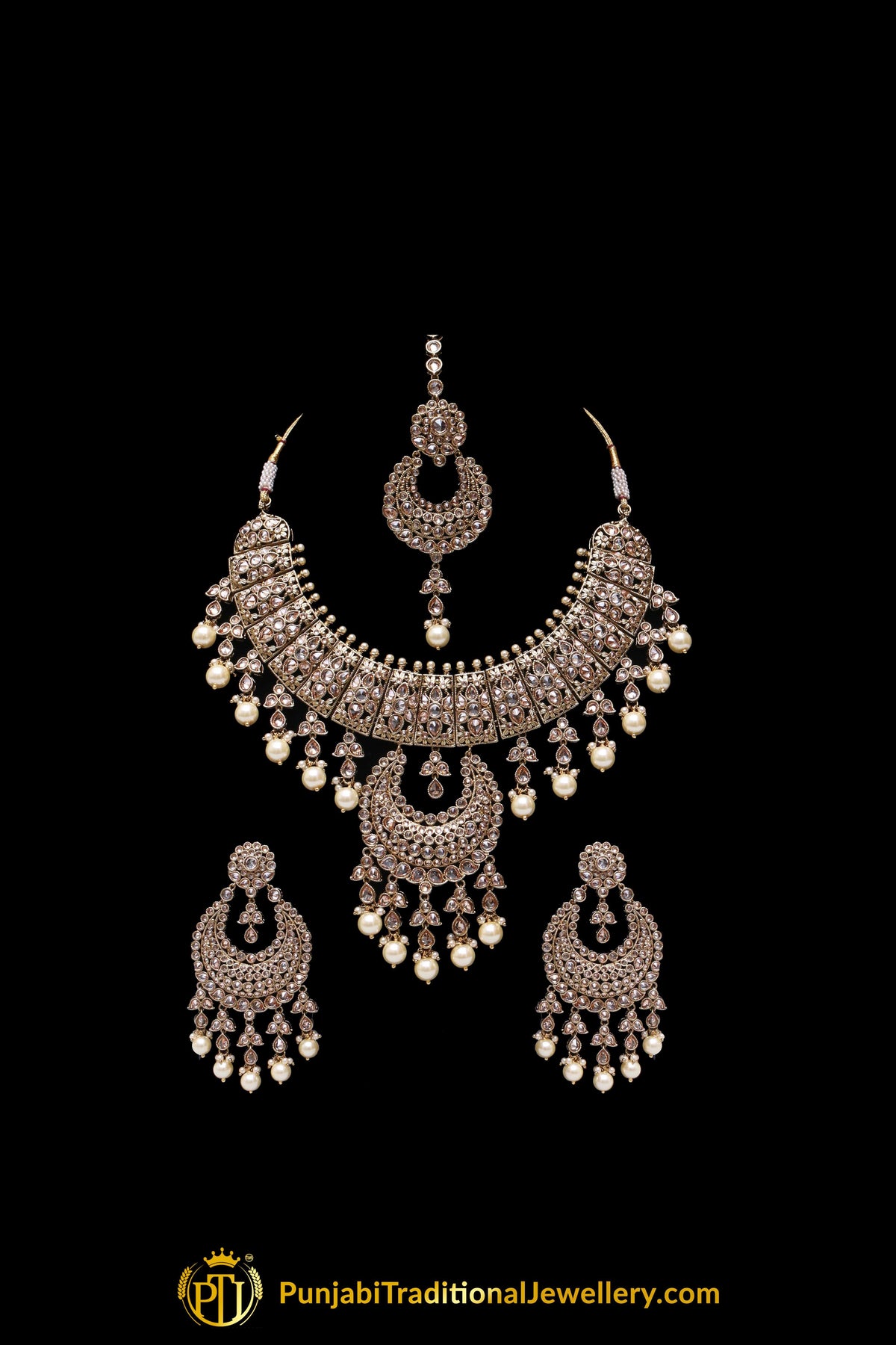 Golden Champagne Stone Necklace Set By Punjabi Traditional Jewellery