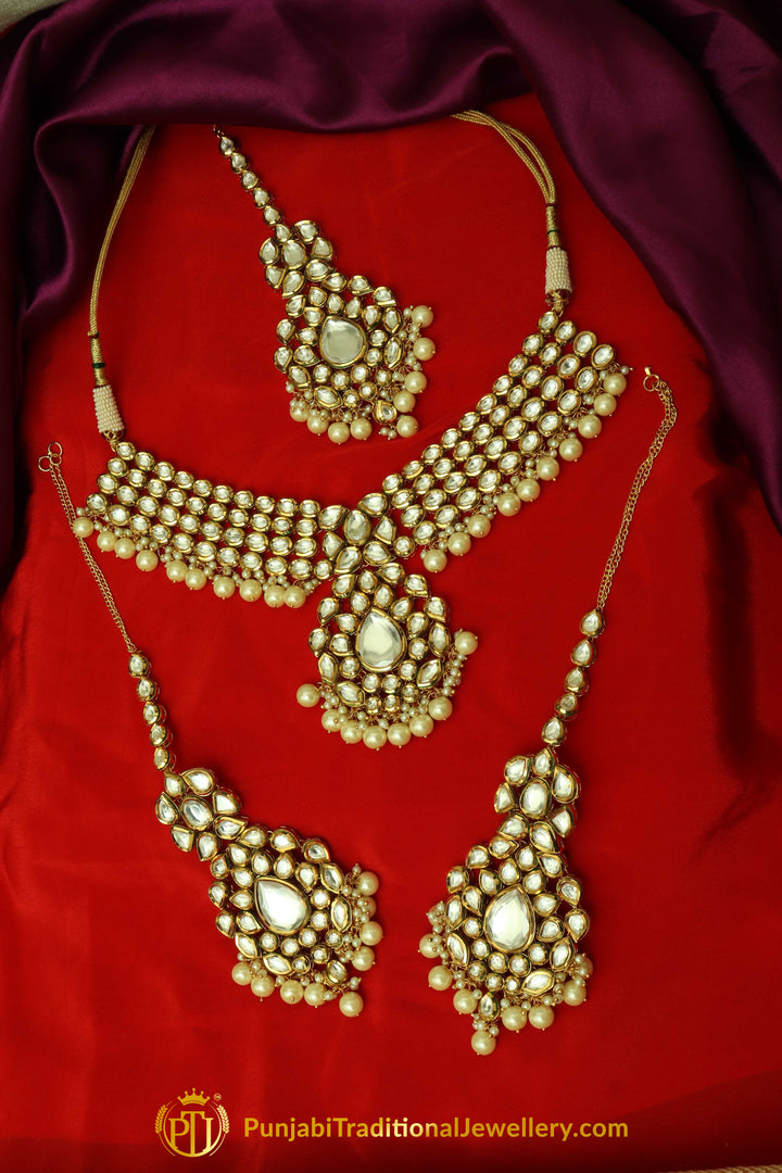 White Pearl & Kundan Necklace Set By Punjabi Traditional Jewellery