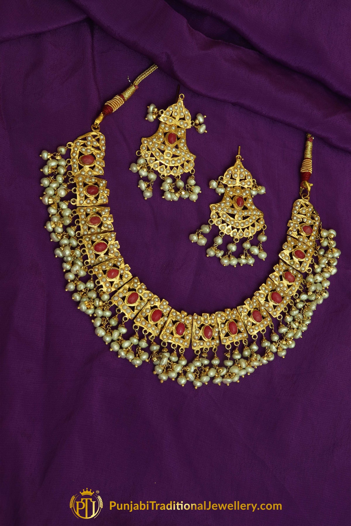 Red Jadau Pearl Necklace Set By Punjabi Traditional Jewellery