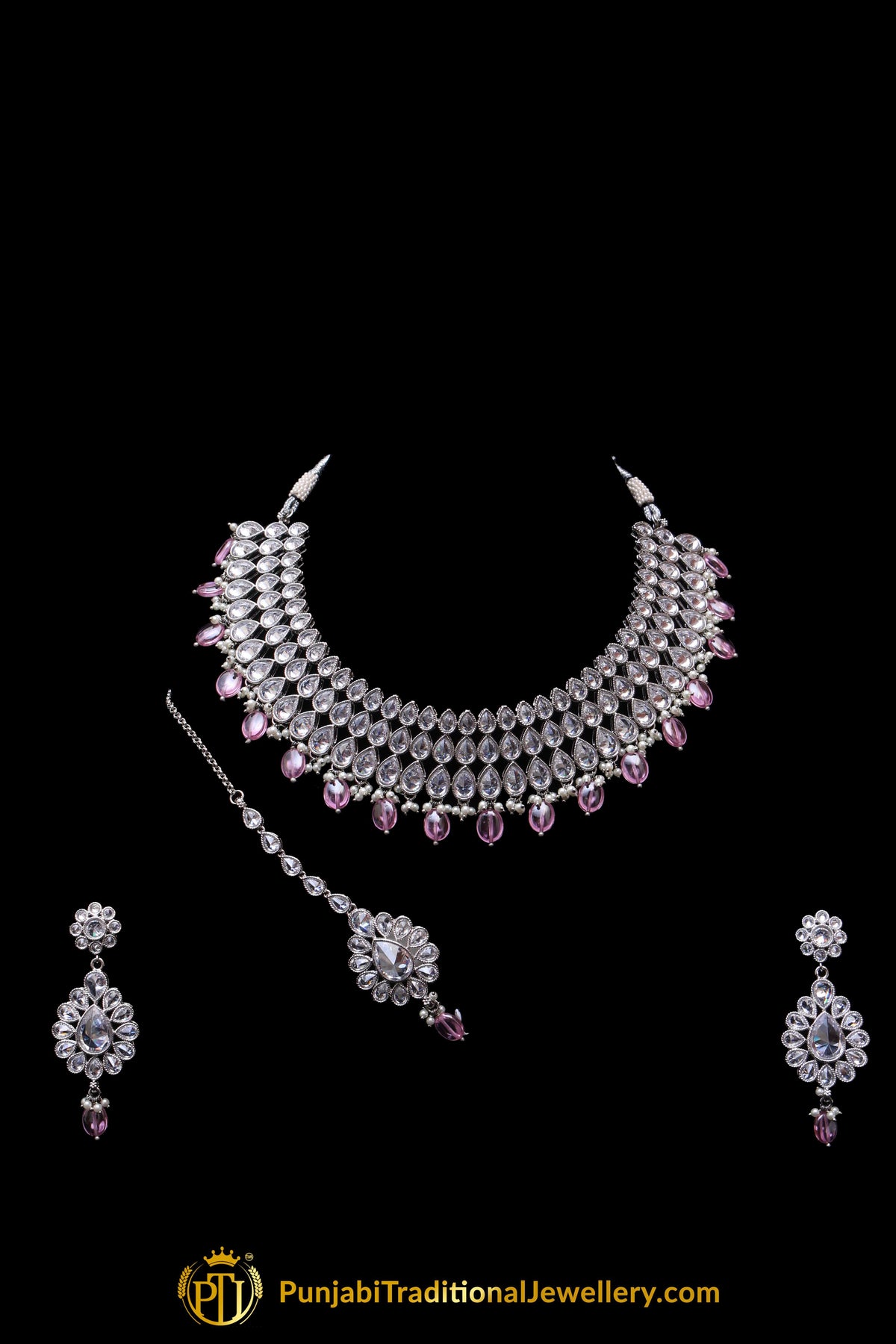 Pink Polki Necklace Set By Punjabi Traditional Jewellery