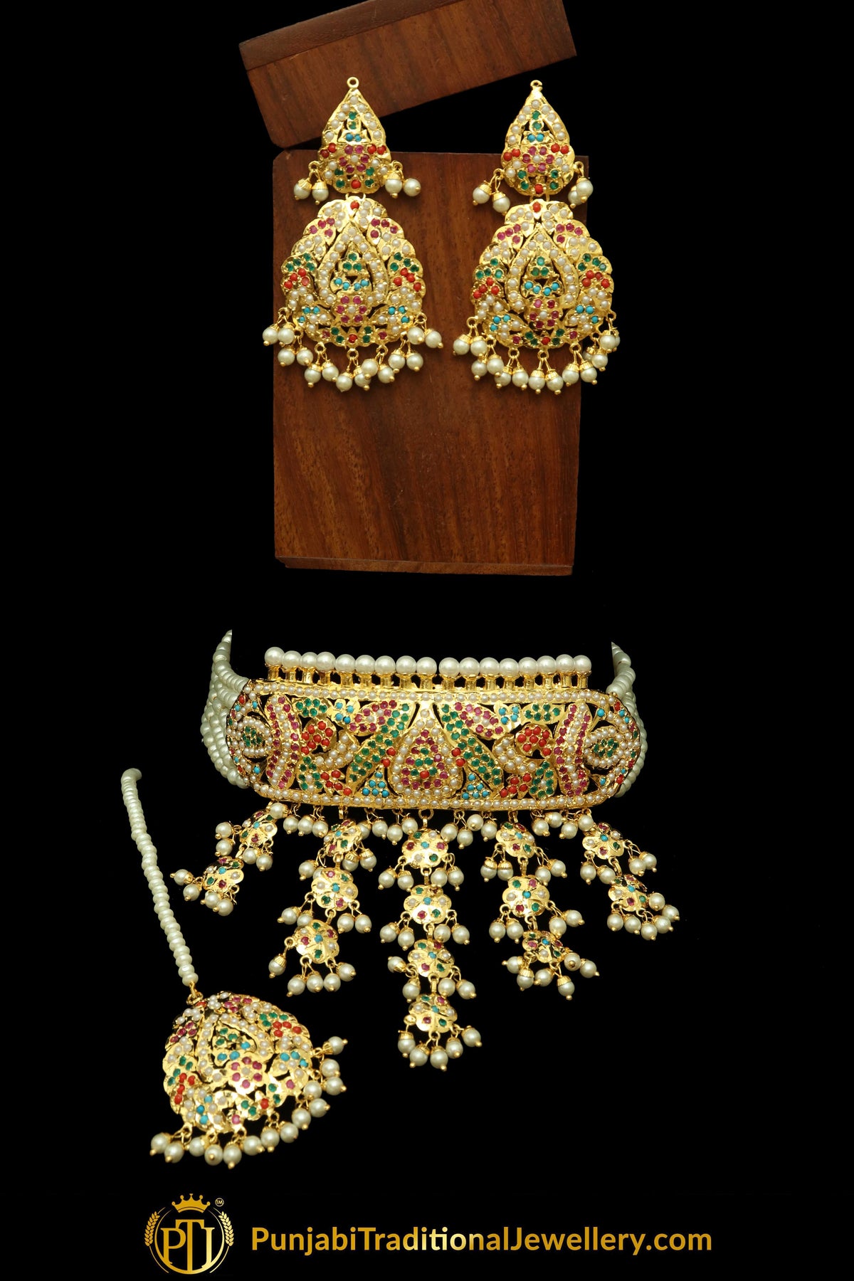 Jehan Gold Finished Navratan Jadau Choker Set, Tikka & Earrings | Punjabi Traditional Jewellery Exclusive
