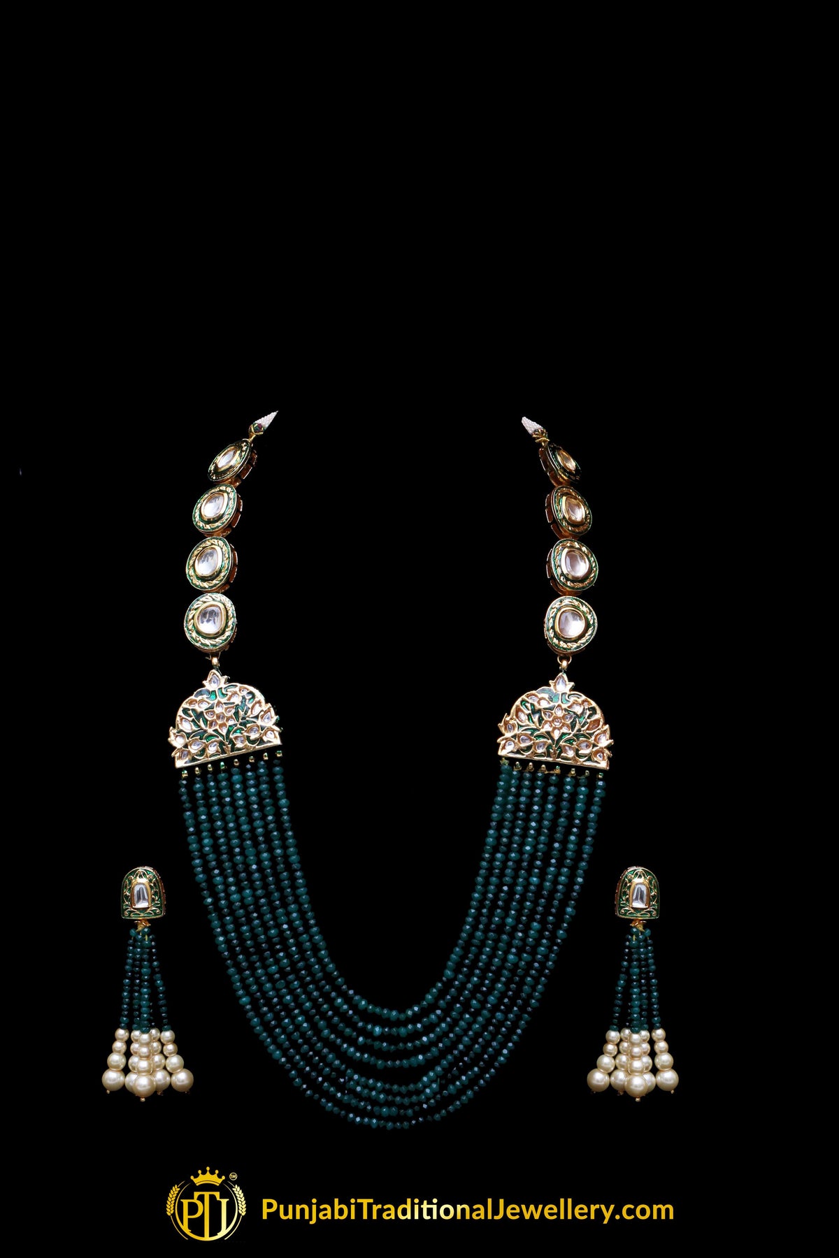 Green Kundan Pearl Necklace Set By Punjabi Traditional Jewellery