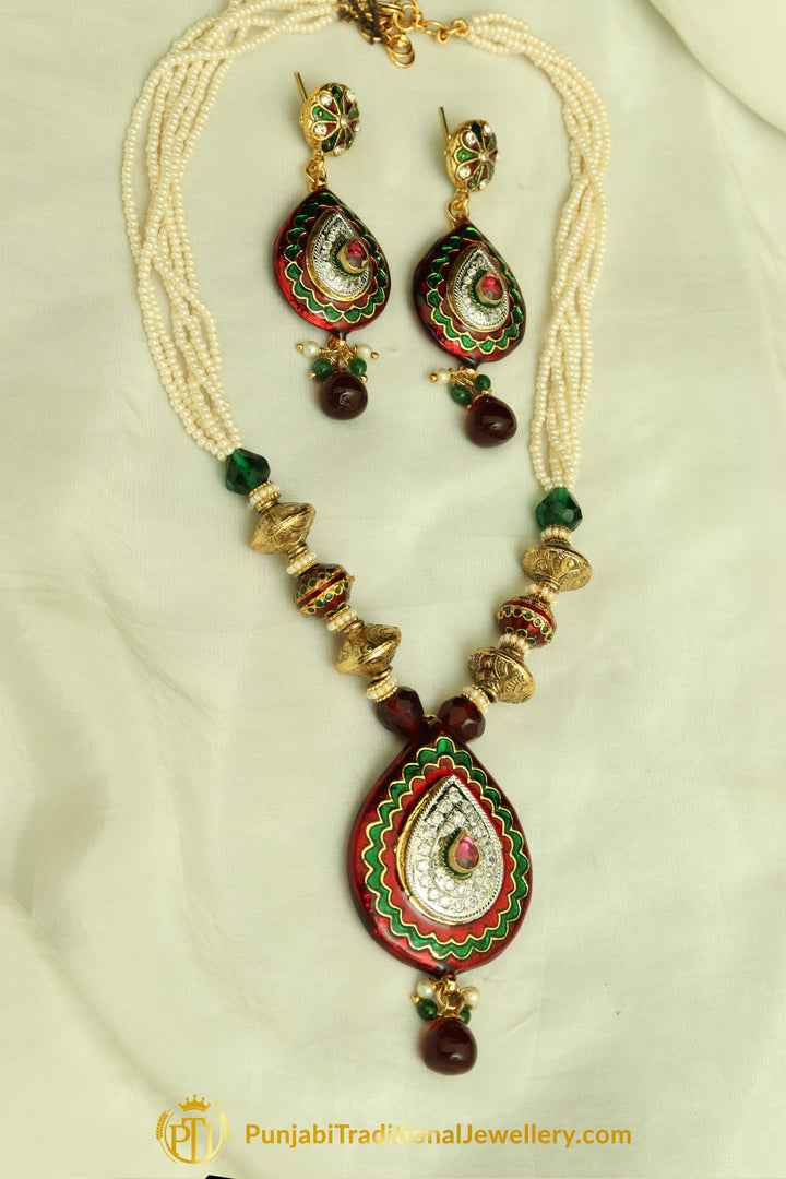 Rubby Panna Pearl Jodha Mala Necklace Set By Punjabi Traditional Jewellery