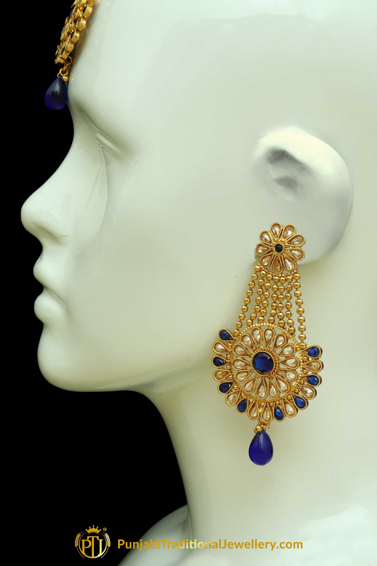 Blue Polki Earring Tikka Set By Punjabi Traditional Jewellery