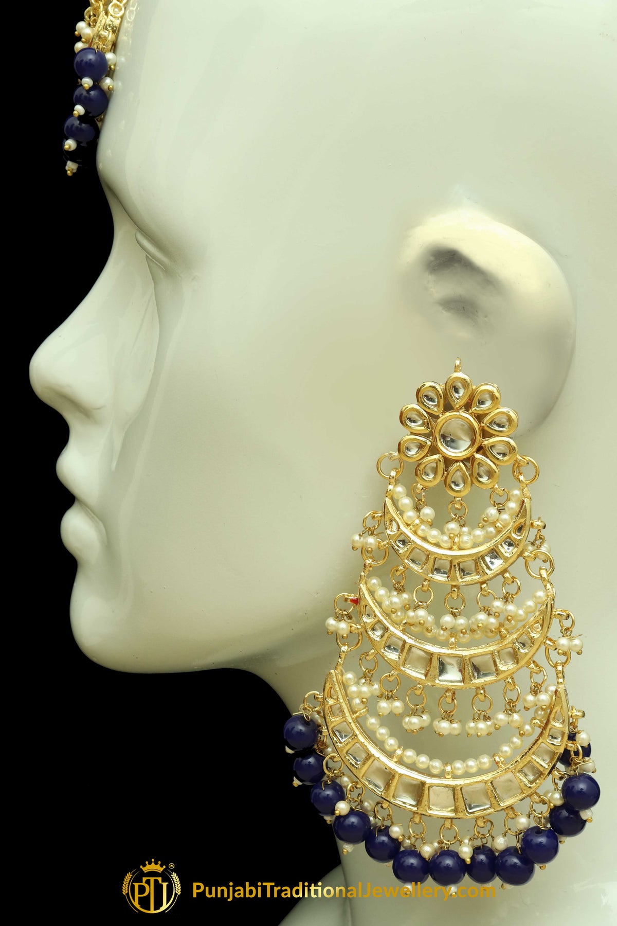 Blue Kundan Earring Tikka Set By Punjabi Traditional Jewellery