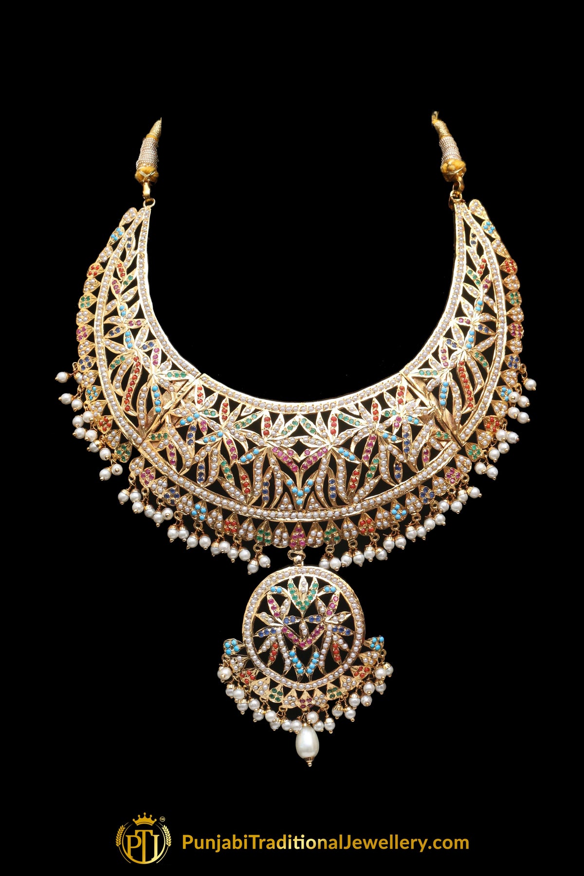 Multi Jadau Pearl Necklace Set By Punjabi Traditional Jewellery