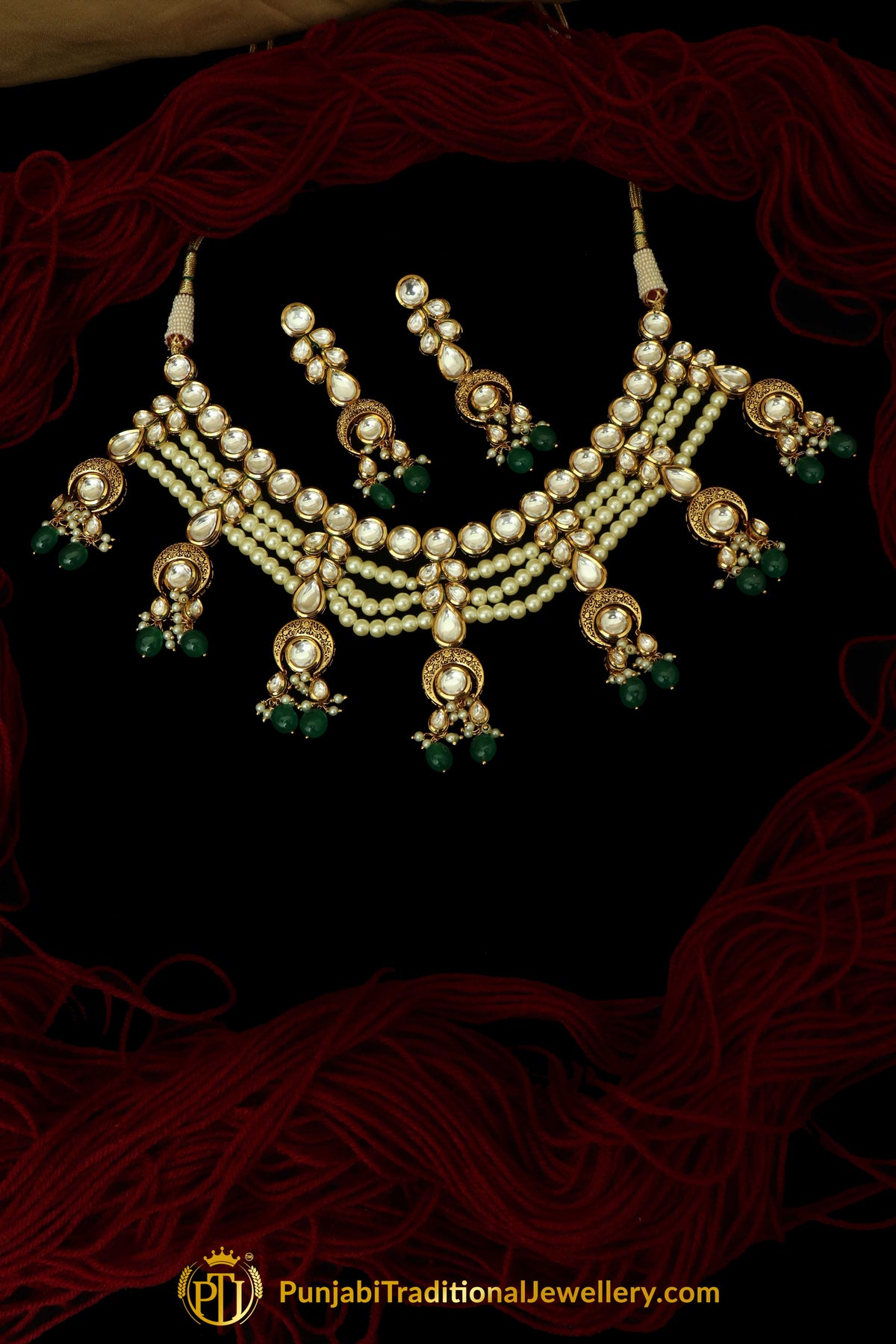 Green Kundan & Pearl Necklace Set By Punjabi Traditional Jewellery