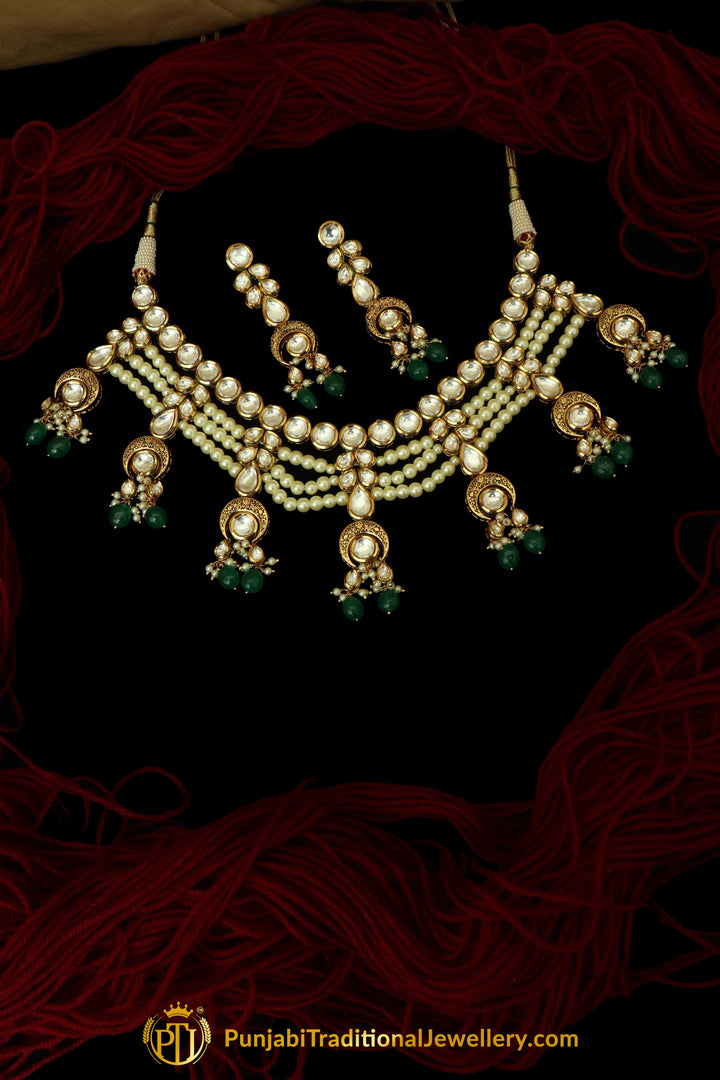 Green Kundan & Pearl Necklace Set By Punjabi Traditional Jewellery