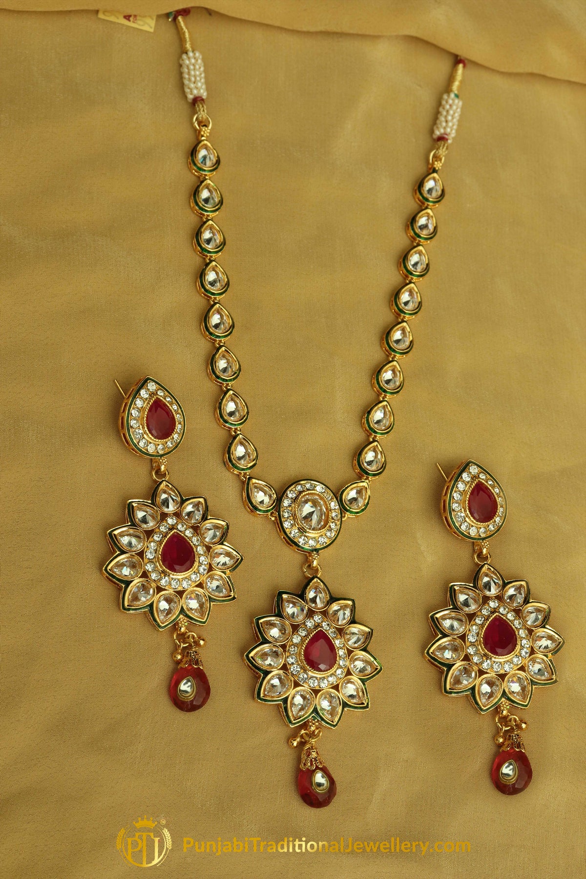 Red Polki Necklace Set By Punjabi Traditional Jewellery