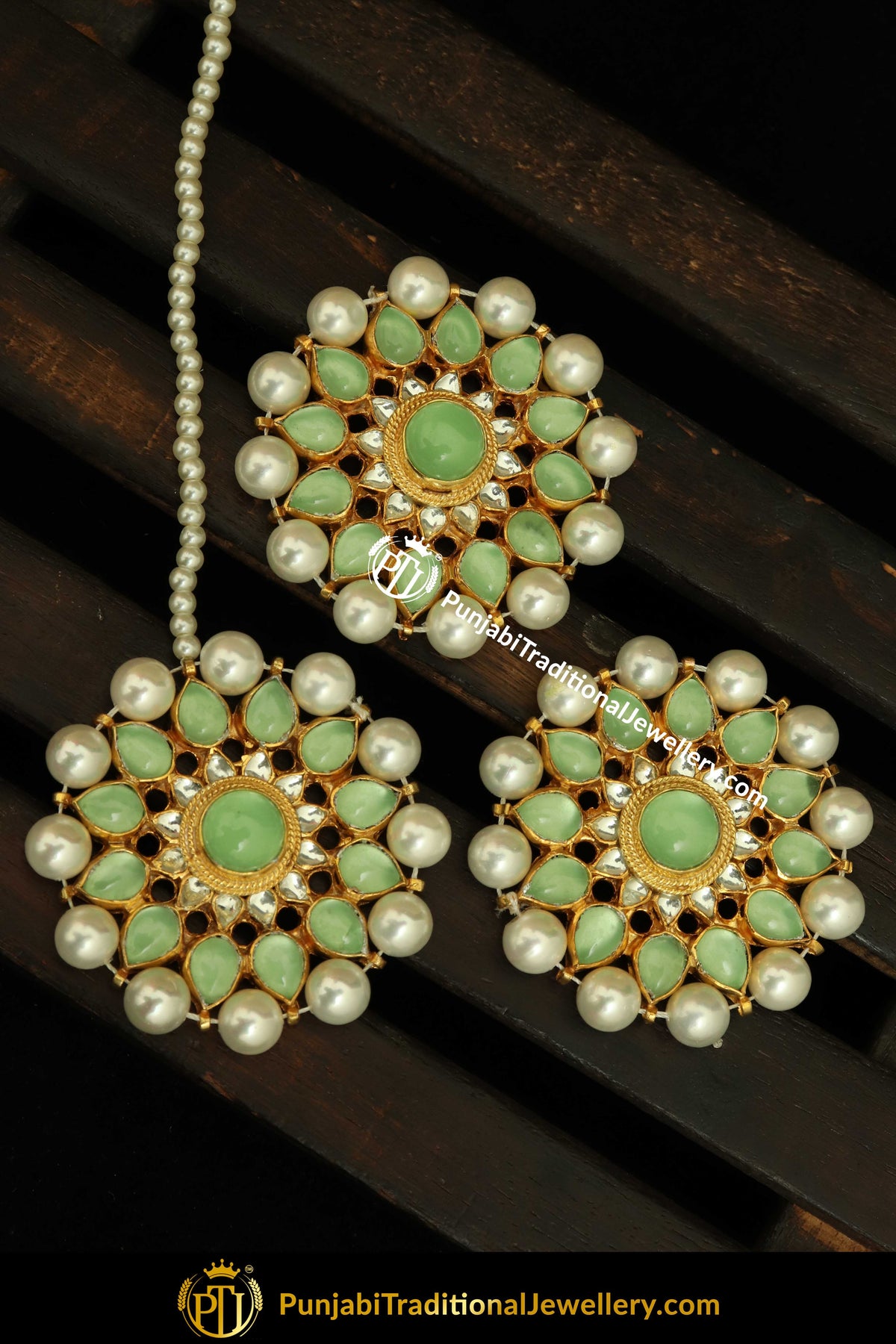 Gold Finished Pearl New Jade Stud Earring Tikka Set | Punjabi Traditional Jewellery Exclusive