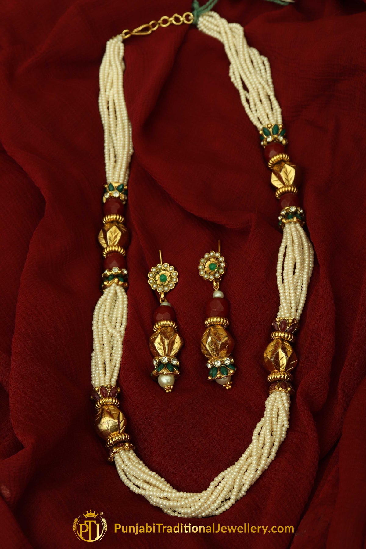 Rubby Panna Pearl Jodha Mala Necklace Set By Punjabi Traditional Jewellery