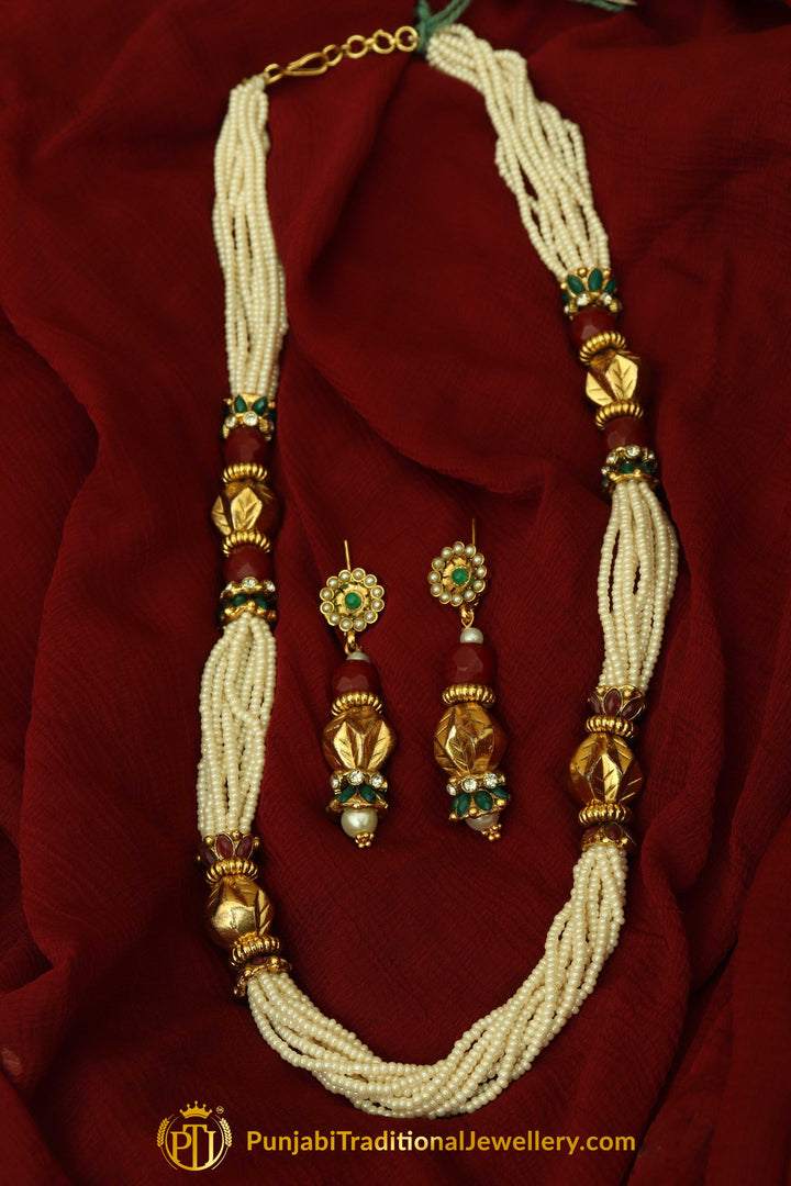 Rubby Panna Pearl Jodha Mala Necklace Set By Punjabi Traditional Jewellery