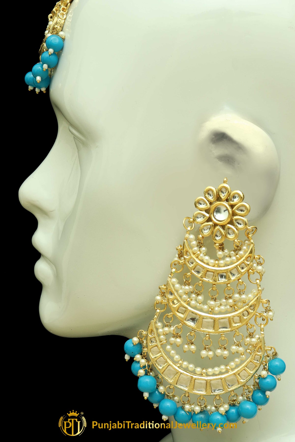 Firozi Kundan Earring Tikka Set By Punjabi Traditional Jewellery