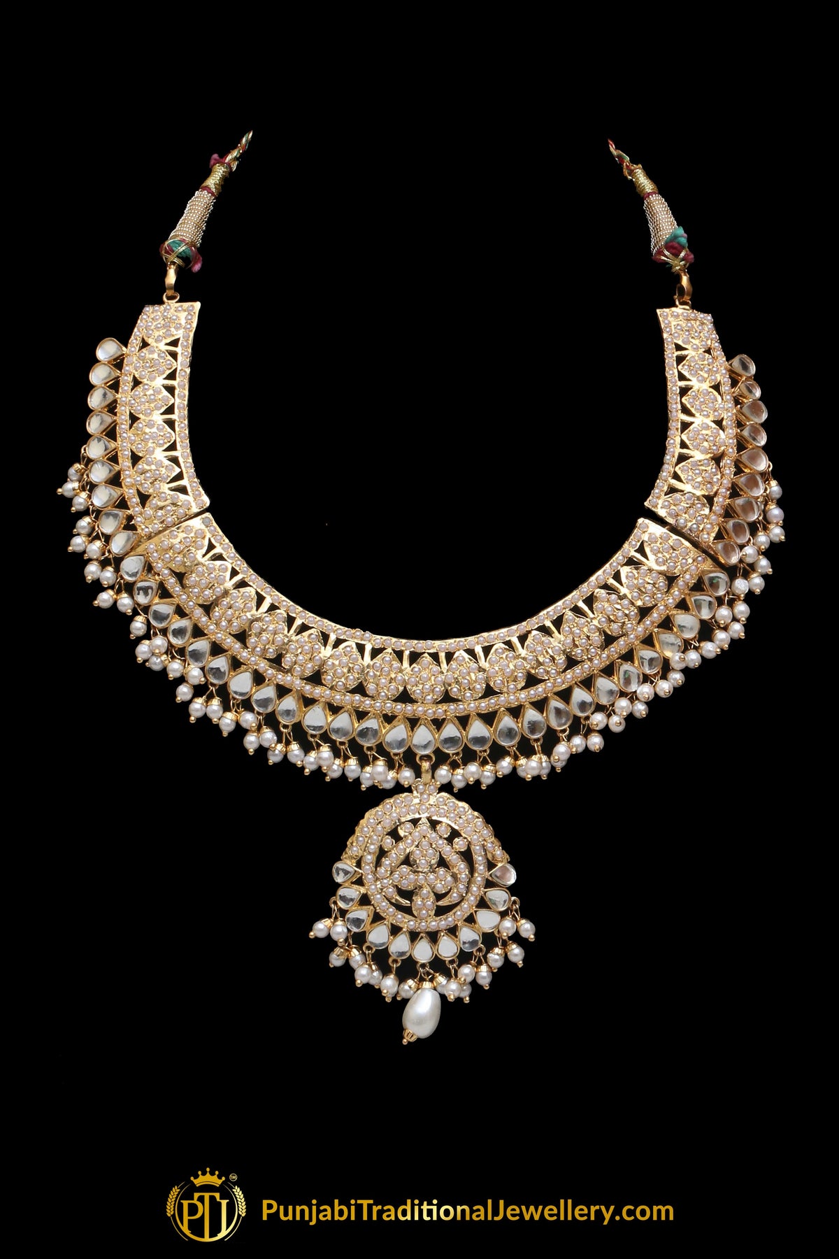 Golden Jadau Pearl Kundan Necklace Set By Punjabi Taditional Jewellery