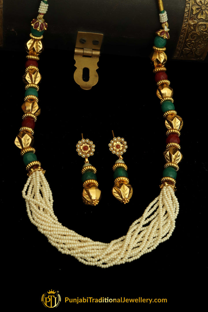 Red & Green Jodha Mala Necklace Set By Punjabi Traditional Jewellery