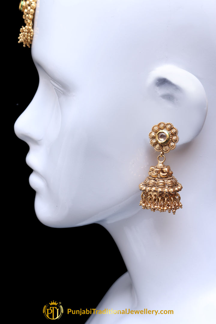 Golden Antique Stone Earring Tikka Set By Punjabi Traditional Jewellery