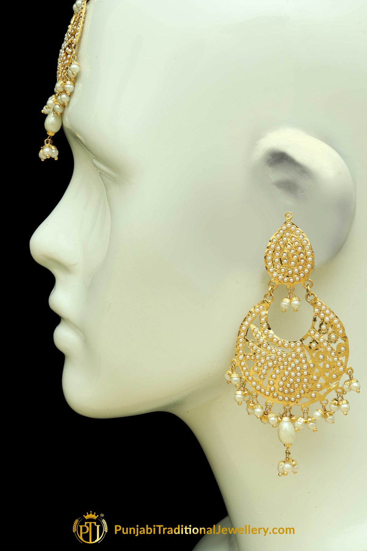 Golden Jadau Pearl Earring Tikka Set By Punjabi Traditional Jewellery