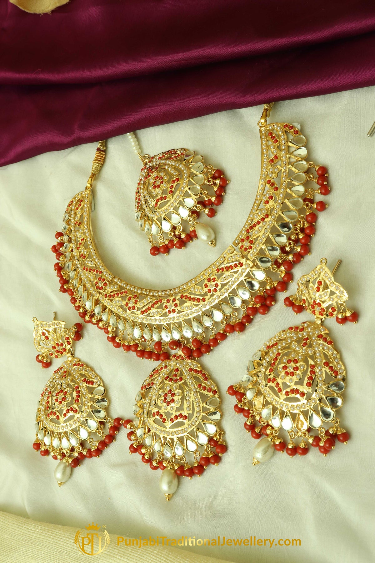 Red Jadau Kundan Necklace Set By Punjabi Traditional Jewellery