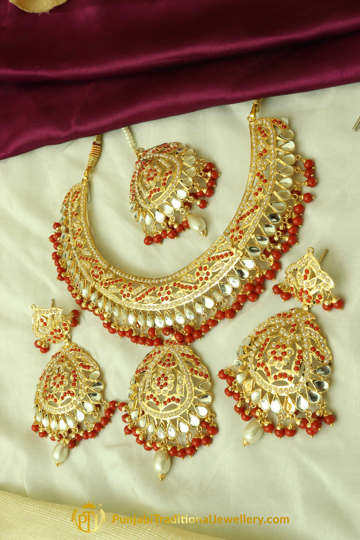 Red Jadau Kundan Necklace Set By Punjabi Traditional Jewellery