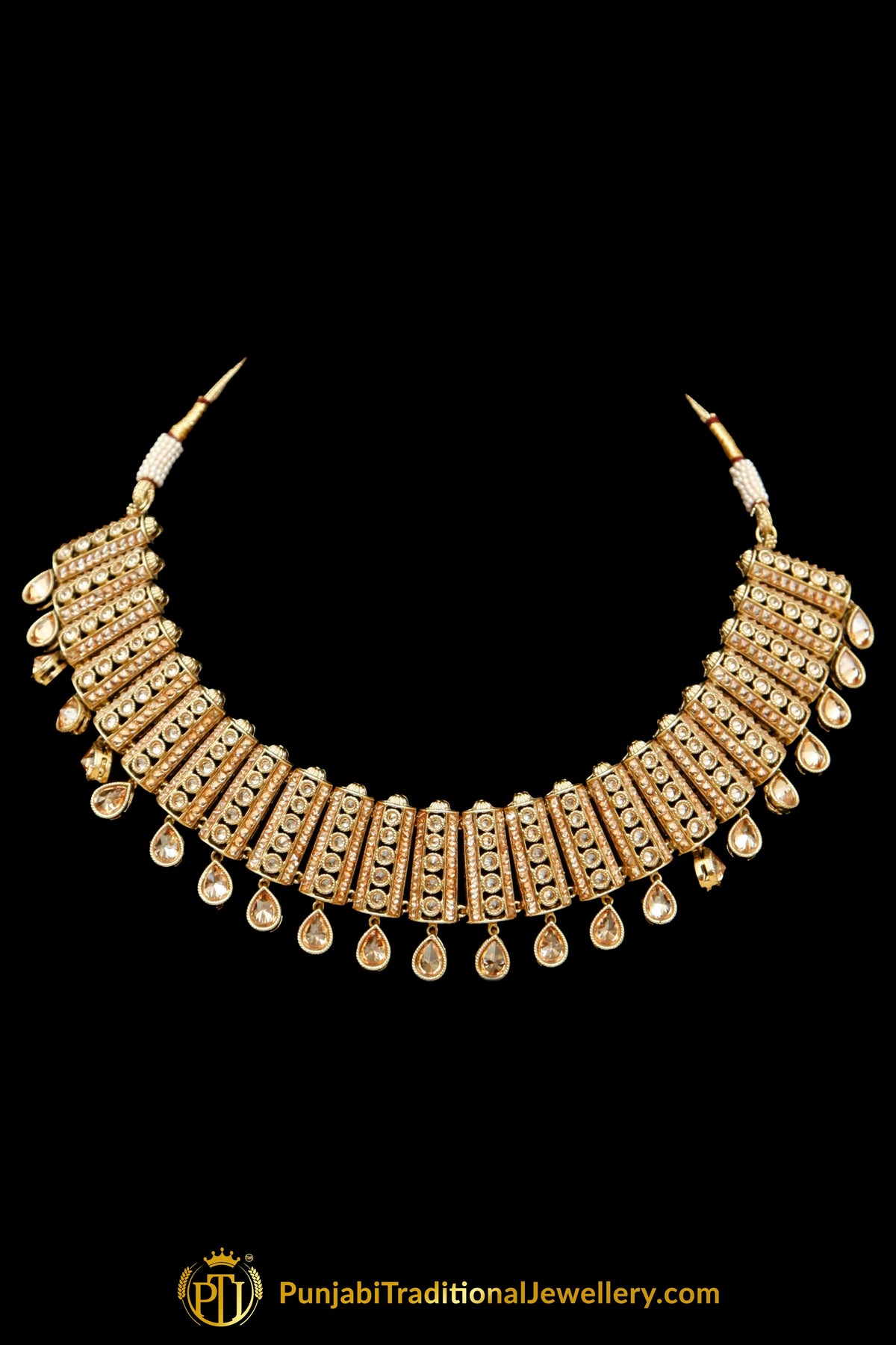 Golden Champagne Stone Necklace Set By Punjabi Traditional Jewellery