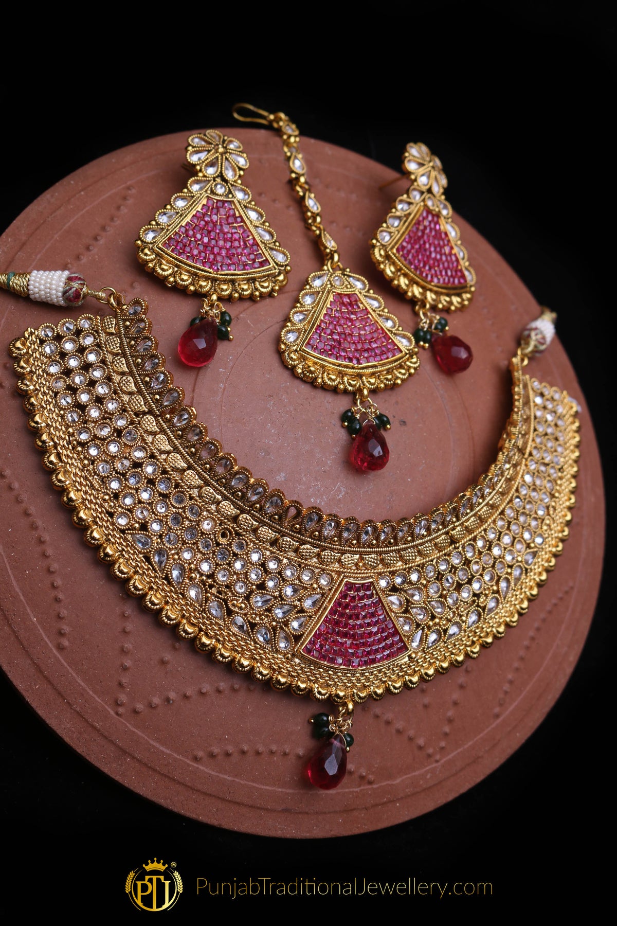 Gold Plated Polki Choker Necklace Set By Punjabi Traditional Jewellery