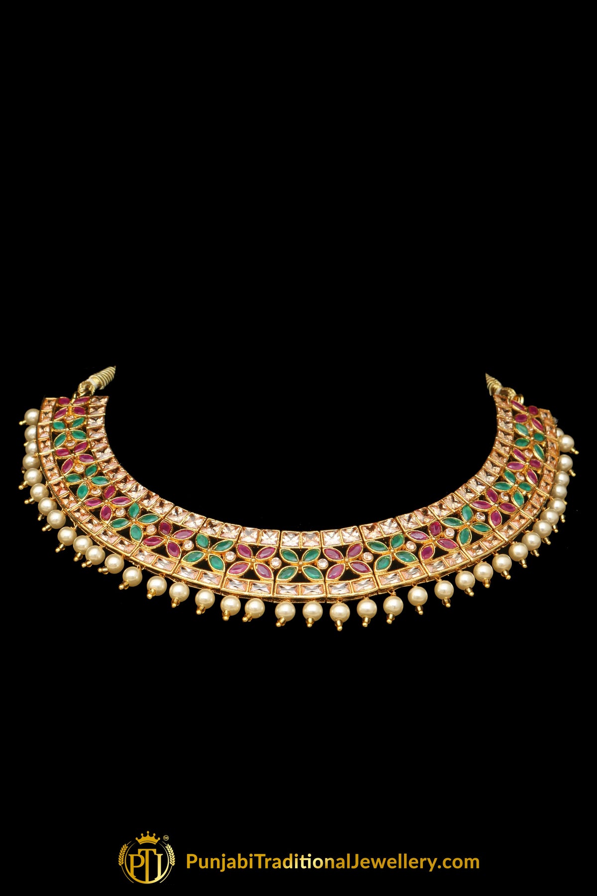 Red & Green Polki Choker Necklace Set By Punjabi Taditional Jewellery