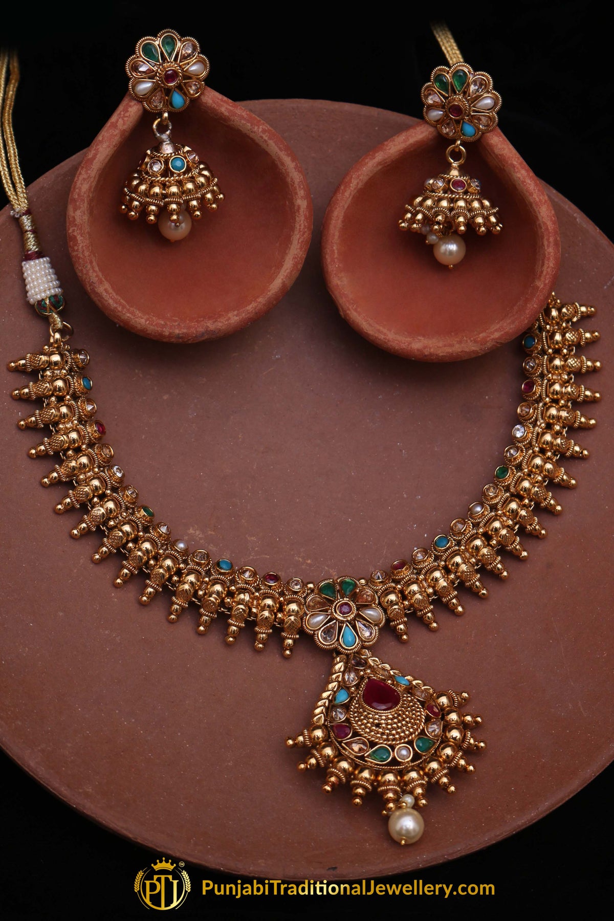 Multi Polki Antique Gold Nacklace Set By Punjabi Traditional Jewellery