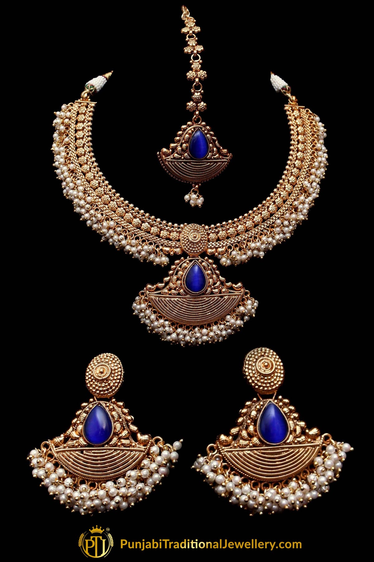 Blue Antique Gold Pearl Necklace Set By Punjabi Traditional Jewellery