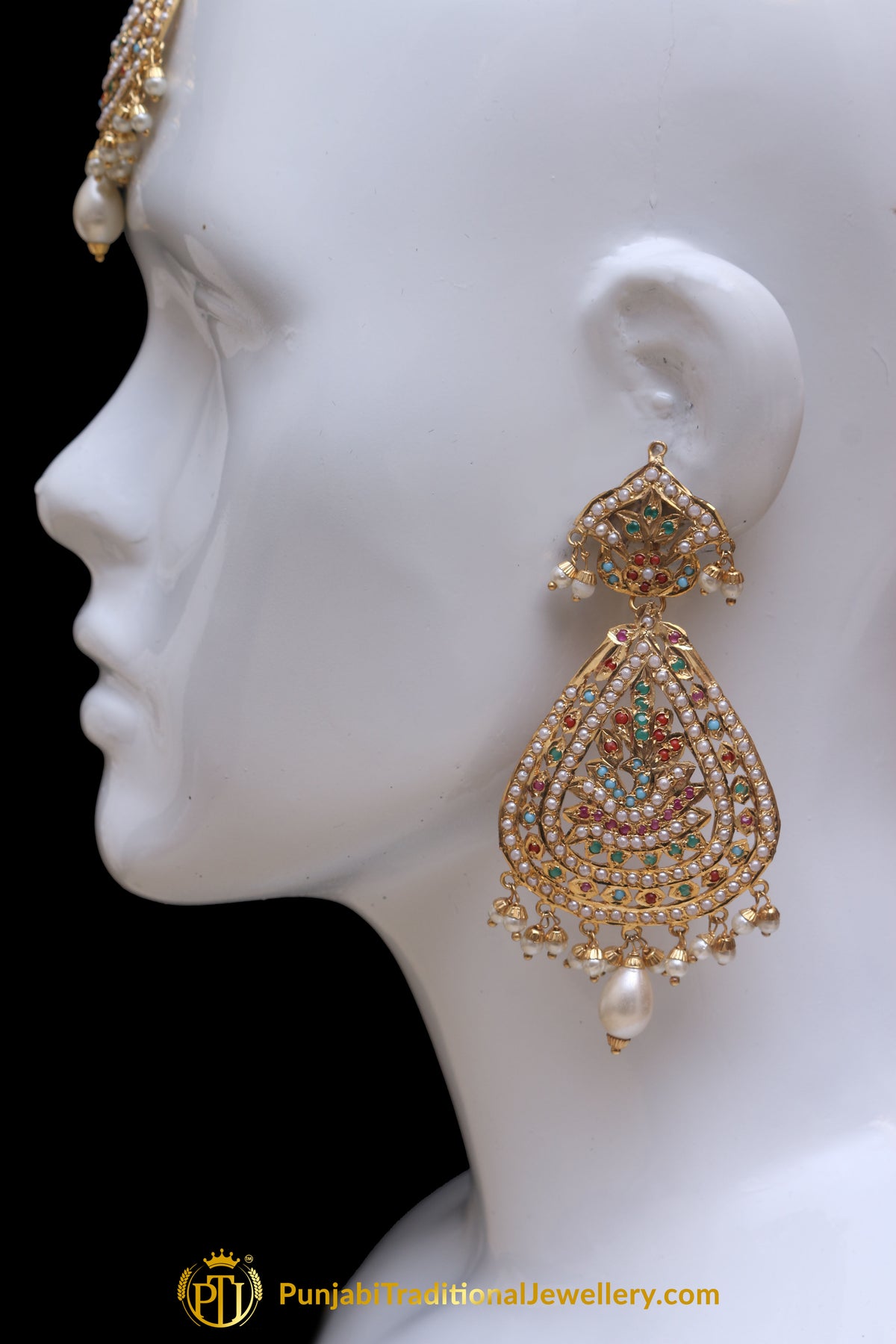 Multi Jadau Pearl Earring Tikka Set By Punjabi Traditional Jewellery