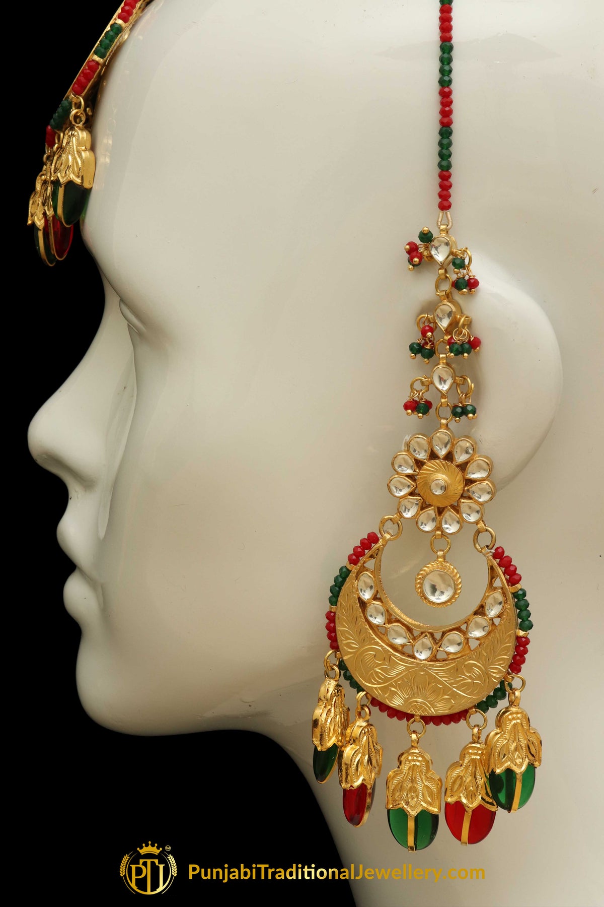 Rubby Panna Gold Plated Kundan Sahare Earring Tikka Set | Punjabi Traditional Jewellery Exclusive