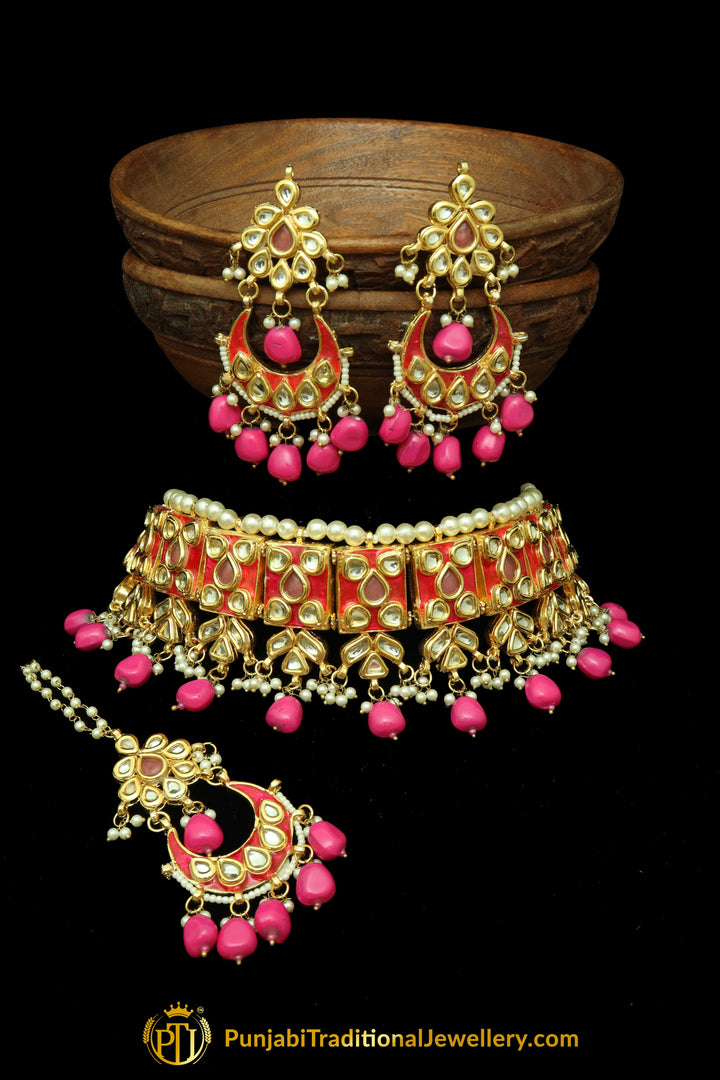 Pink Meena Kundan Pearl Choker Necklace Set By Punjabi Traditional Jewellery
