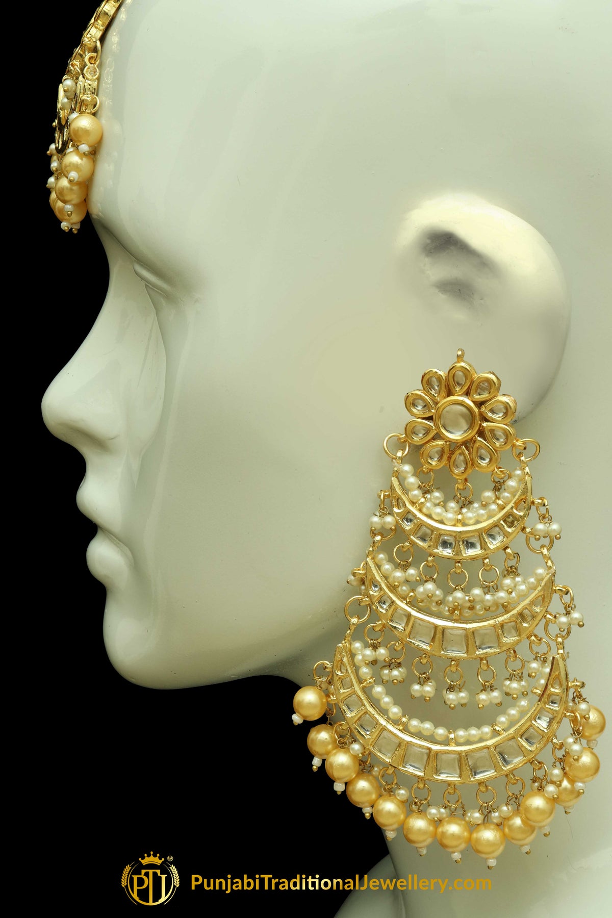 Golden Kundan Earring Tikka Set By Punjabi Traditional Jewellery