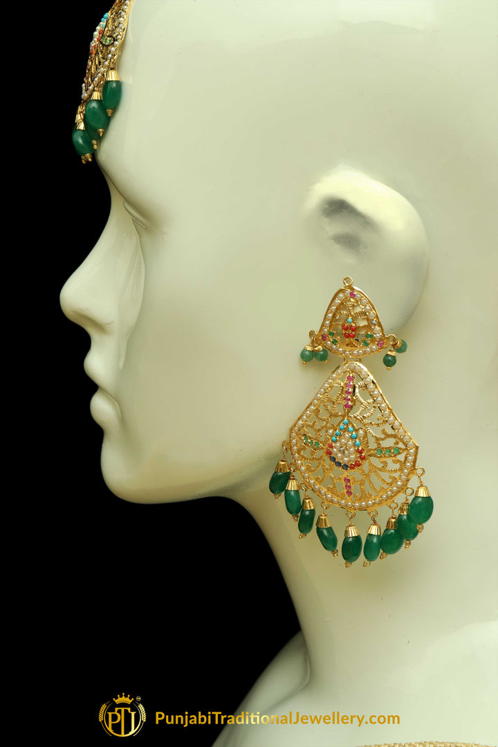 Green Jadau Earrings Tikka Set By Punjabi Traditional Jewellery