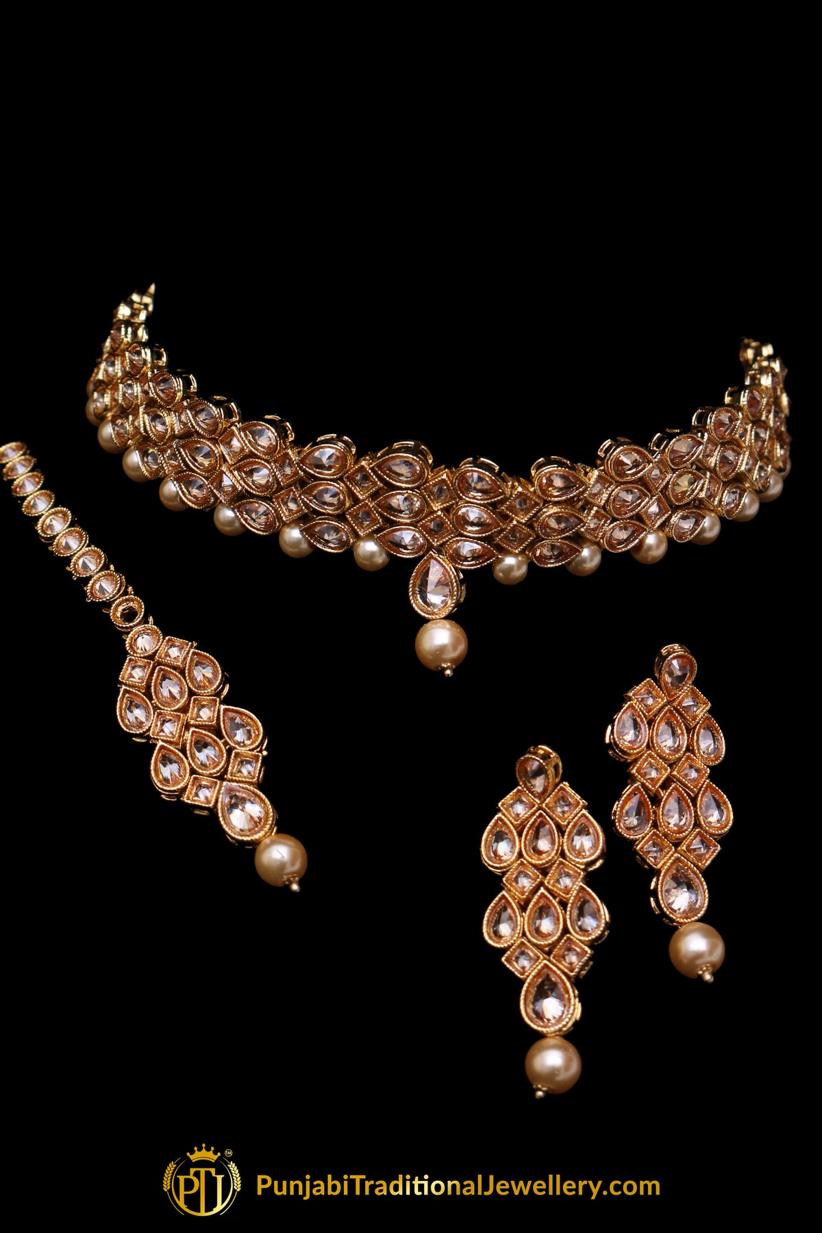 Pearl Champagne Stone Necklace Set By Punjabi Taditional Jewellery