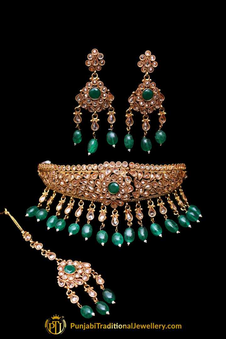 Green Polki Necklace Set By Punjabi Traditional Jewellery