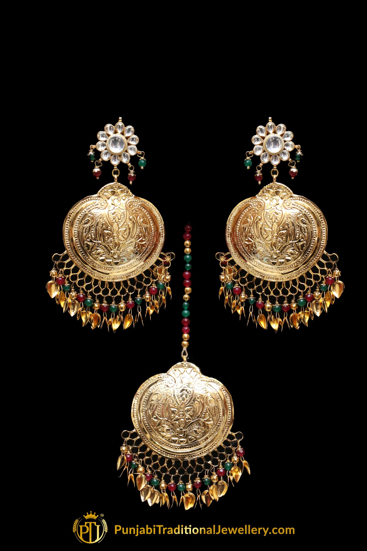 Red Green Pippal Patti Earring Tikka Set By Punjabi Traditional Jewellery