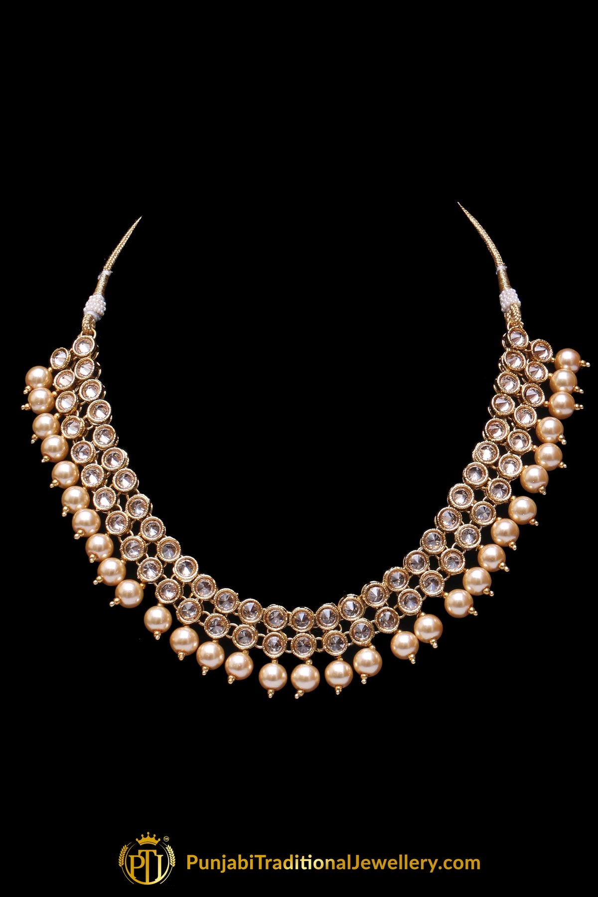 Pearl Champagne Stone Necklace Set By Punjabi Taditional Jewellery