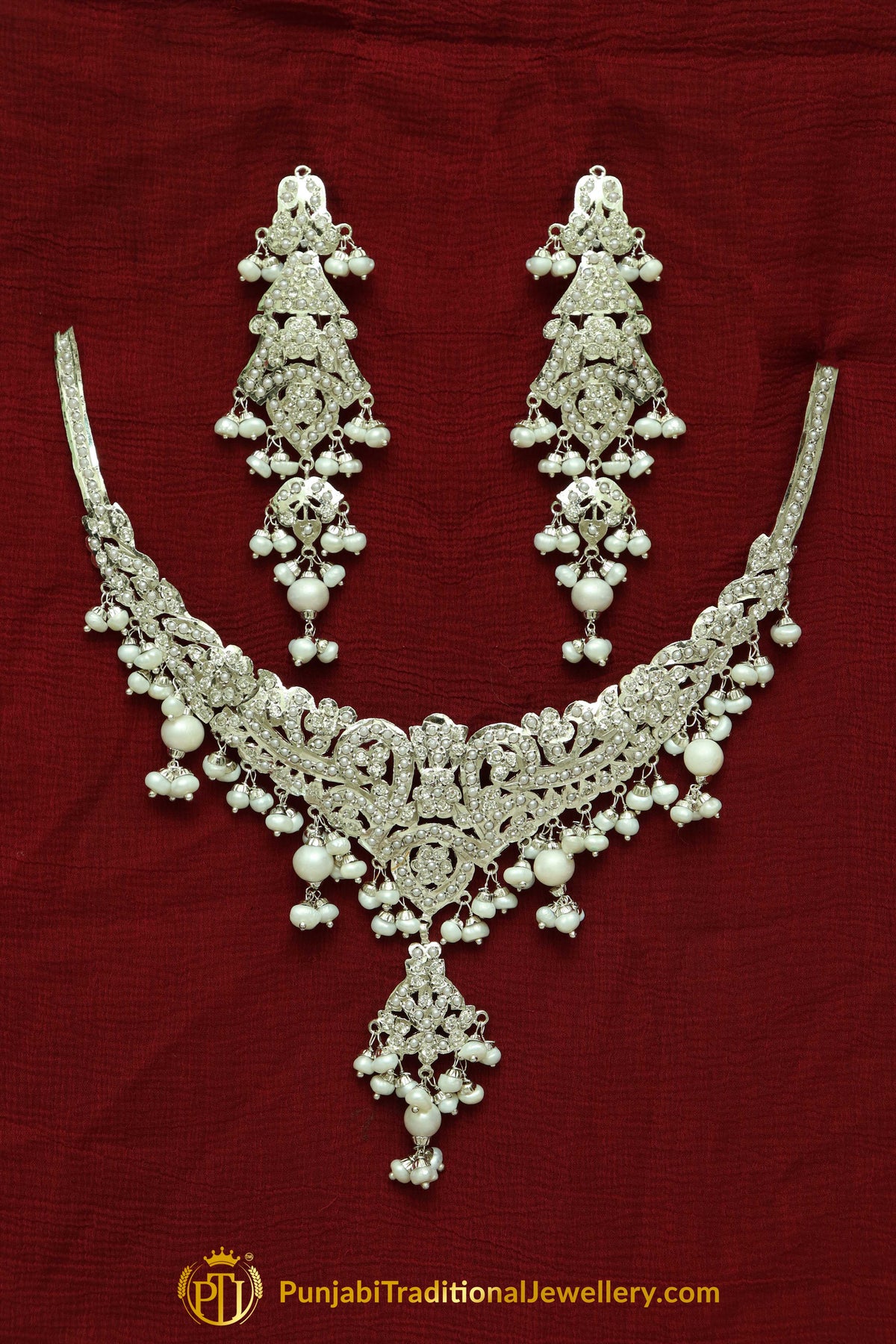 Silver Finished Pearl Jadau Necklace Set By Punjabi Traditional Jewellery