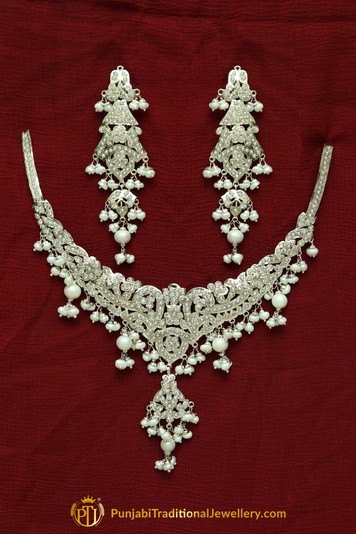 Silver Finished Pearl Jadau Necklace Set By Punjabi Traditional Jewellery