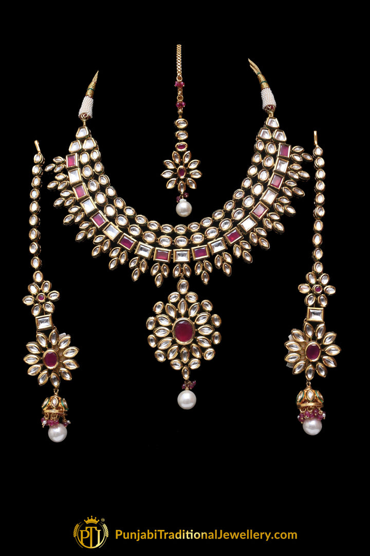Kundan Necklace Set With Sahare Earrings Red Color By Punjabi Traditional Jewellery